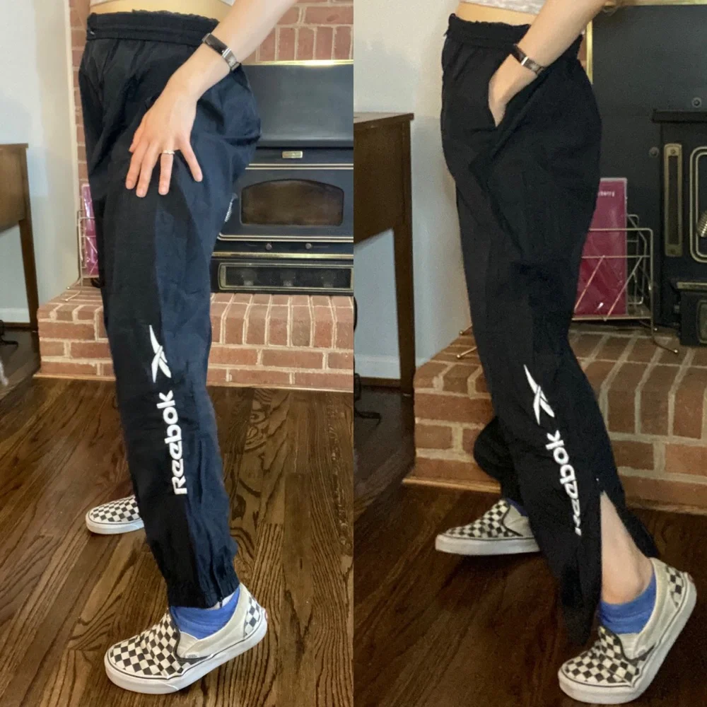 Vintage 90s Reebok Nylon Embroidered Logo Zip Leg Track Pants Joggers Sw…
